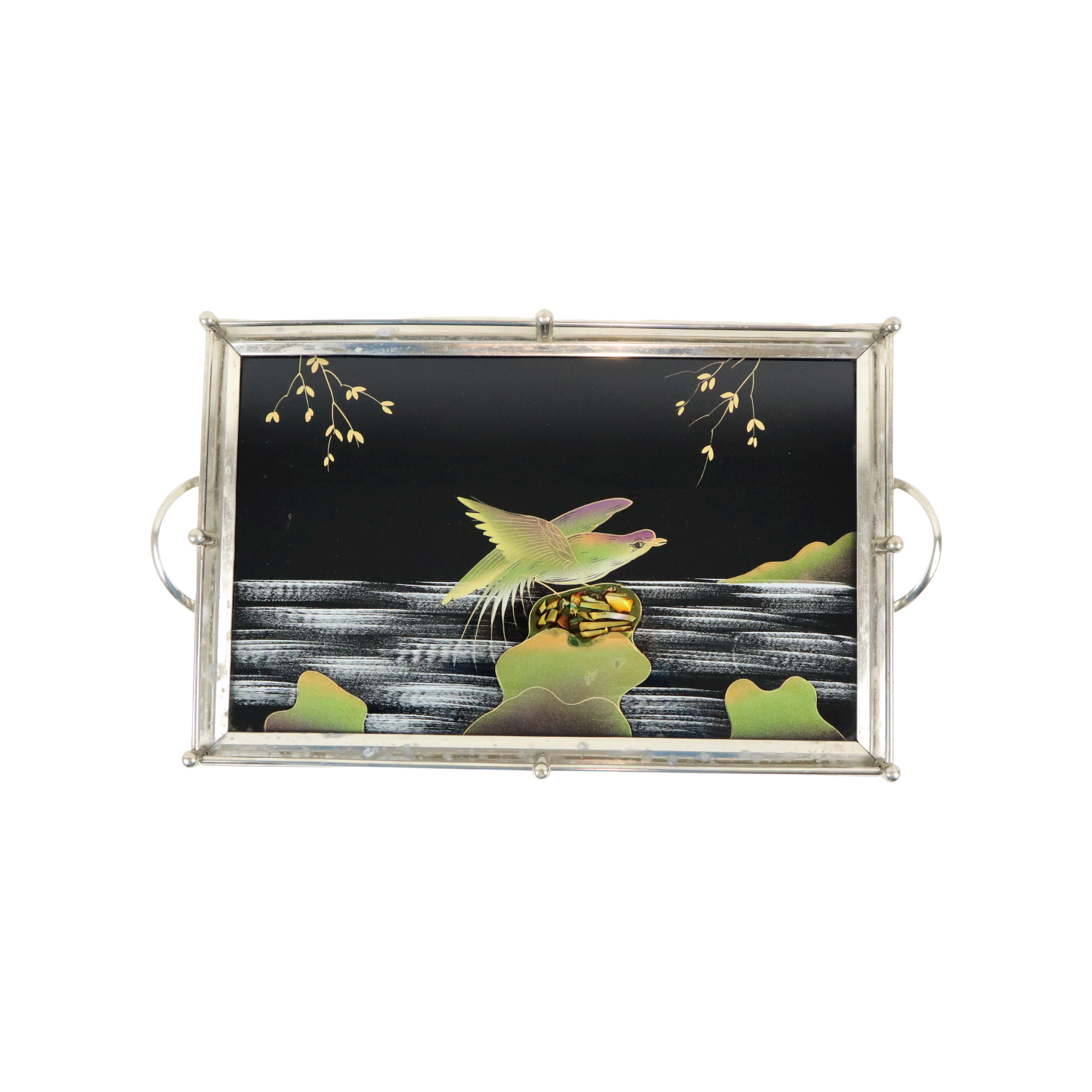 Vintage tray birds black glass chrome 1950s-60s plateau 40x26cm