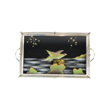 Vintage tray birds black glass chrome 1950s-60s plateau 40x26cm