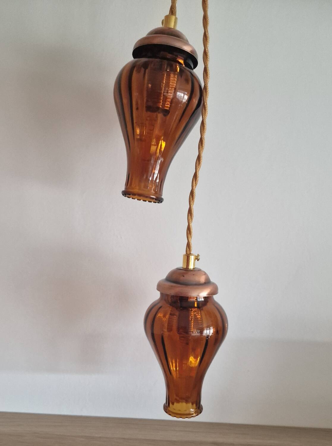 Duo of brown smoked glass portable lamps