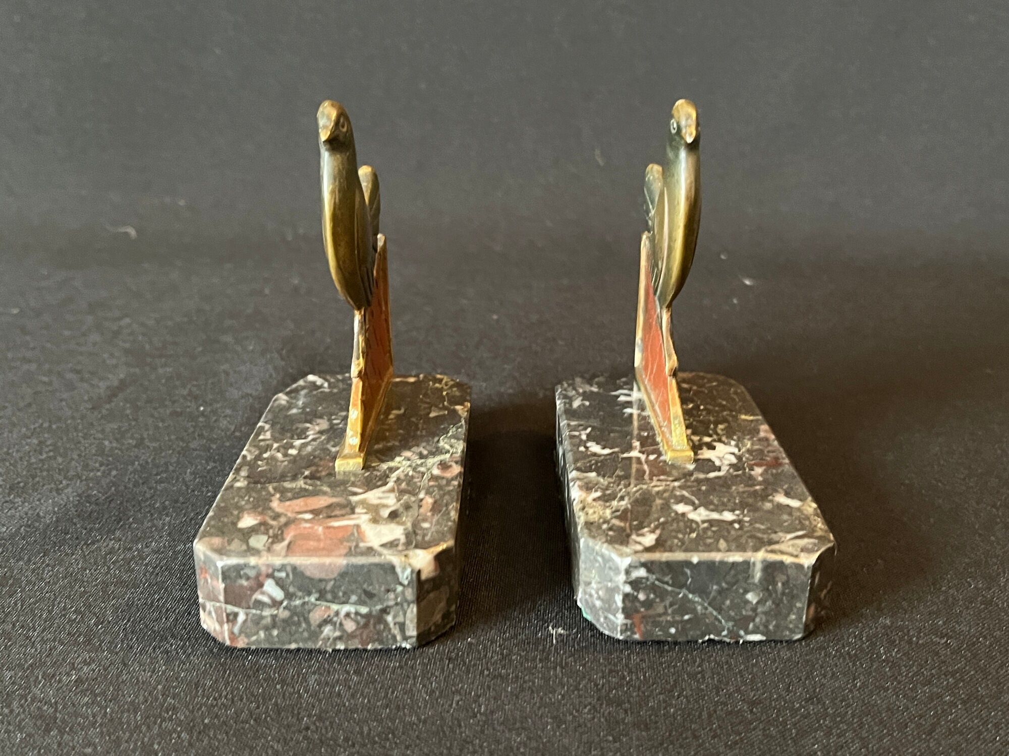 Pair of art deco bronze bookends pigeons dove marble
