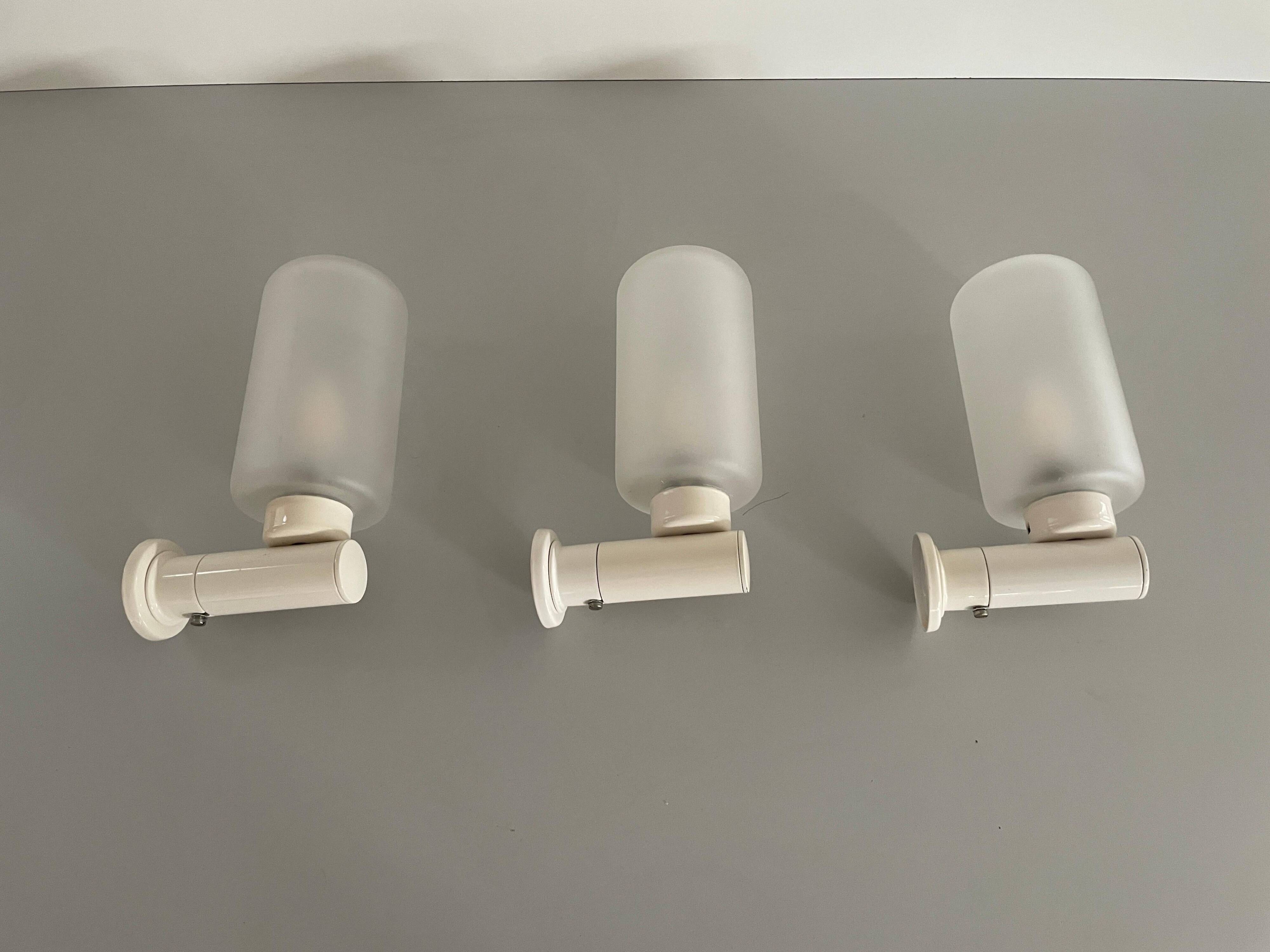 Set of 3 semi-transparent glass and white metal wall lights, 1960, Germany