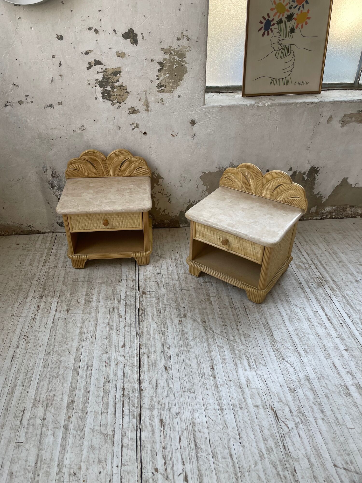 Pair of travertine bedside and rattan palm tree "vivai del sud"