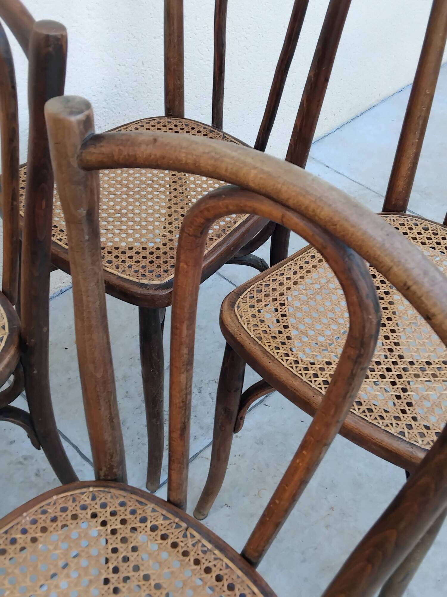 6 antique bistro chairs with curved wood and caning from 1900 L&H Cambier Frères