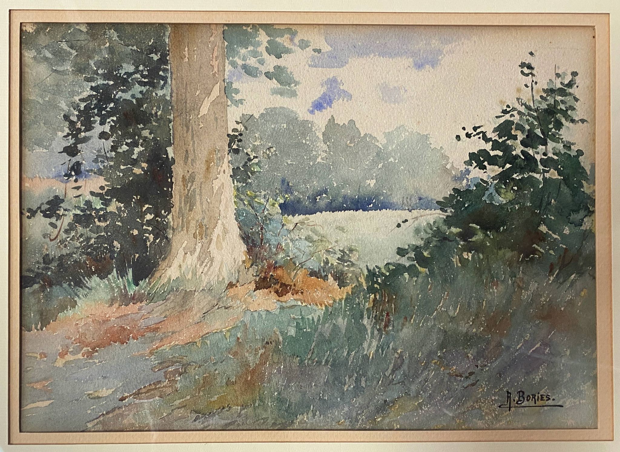 Watercolor painting A. Bories "Landscape of wooded meadow" + frame