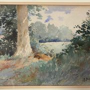 Watercolor painting A. Bories "Landscape of wooded meadow" + frame