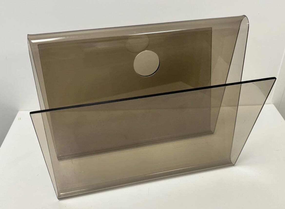 Smoked plexiglass magazine rack in the style of Michel Dumas, France, 1970s.
