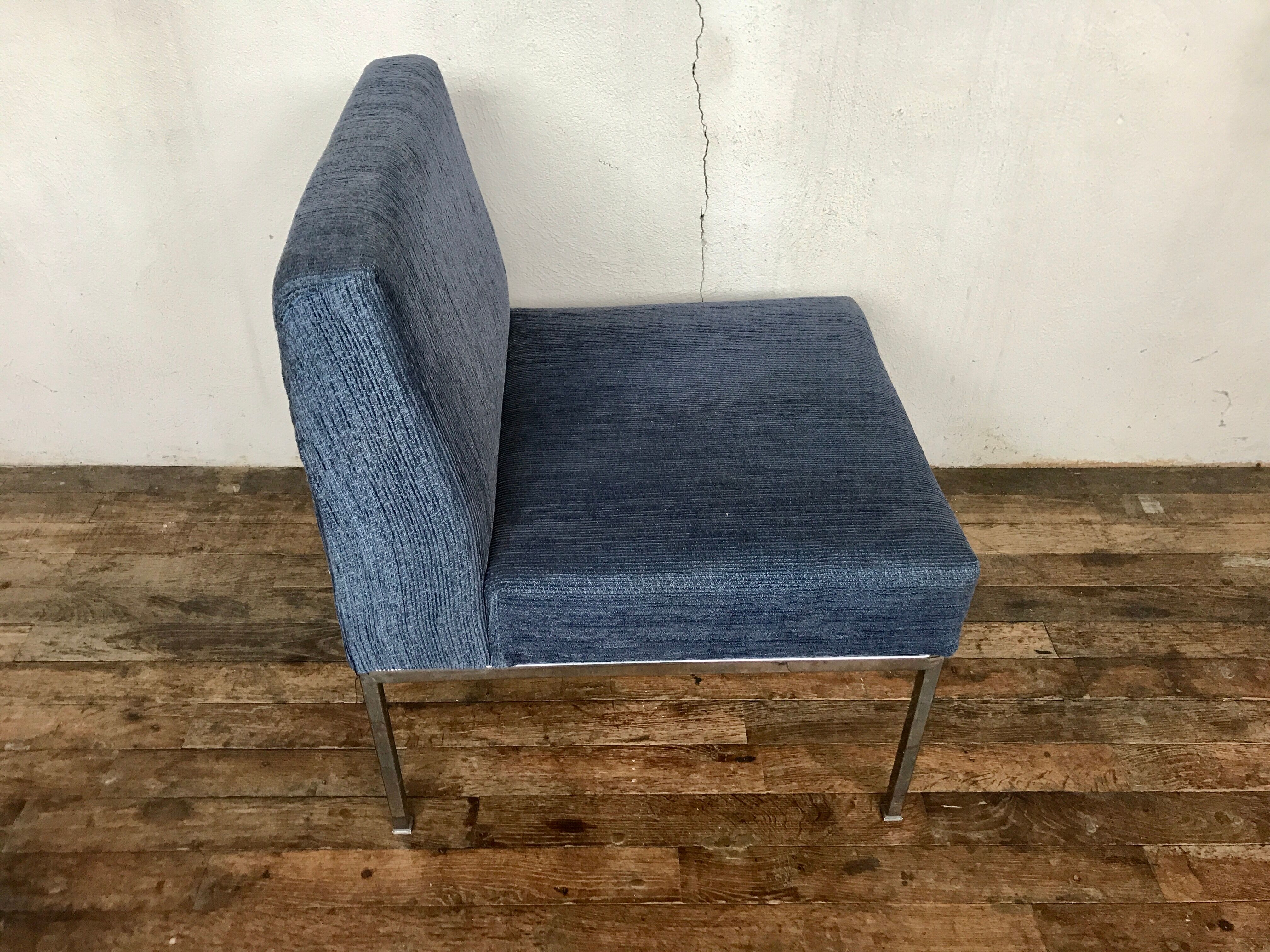 Chrome foot heated chair and vintage blue fabric, 1970