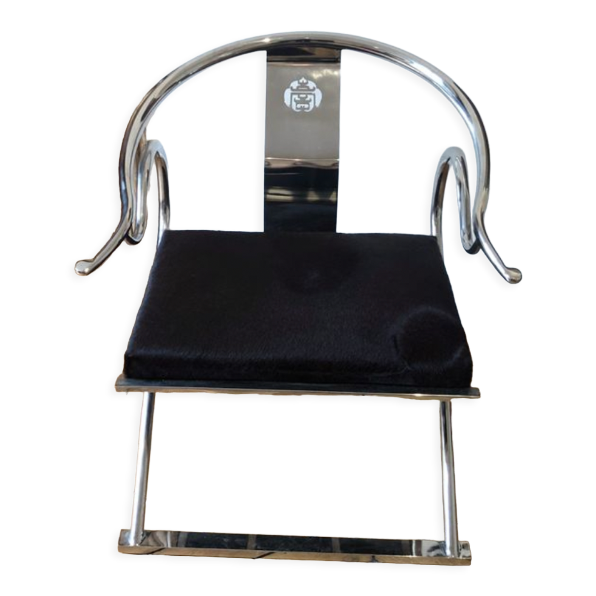 Contemporary design chrome chair inspired by Chinese traditionalism, calfskin upholstery