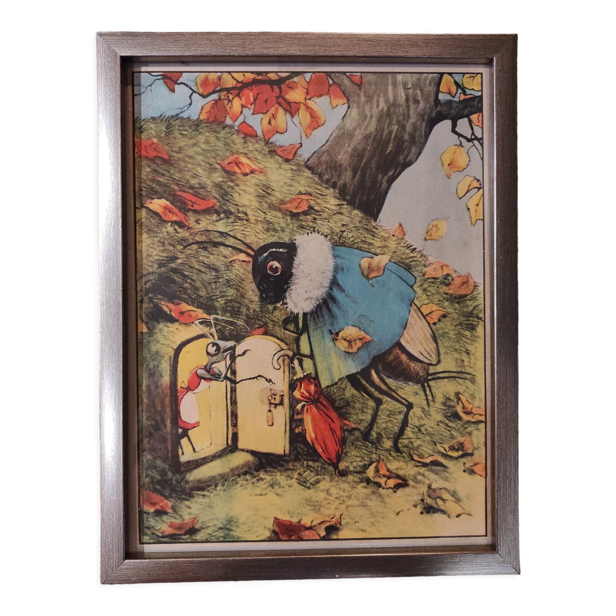 Set of 5 illustrations framed in glass the Fables of La Fontaine