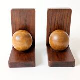 Paire de serre-livres boules en chêne ancien, Midcentury Art Deco