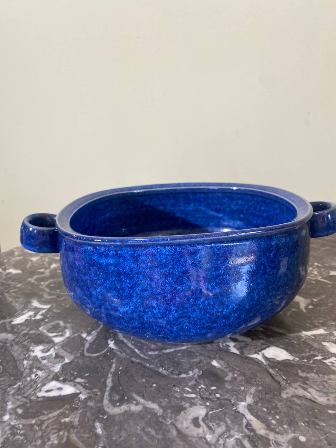 Blue glazed stoneware dish
