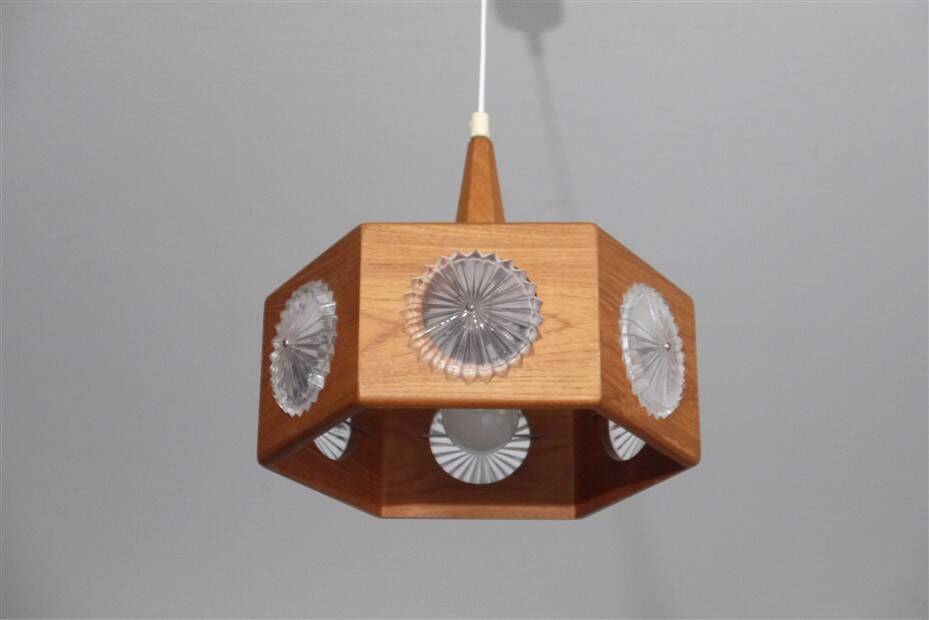 Vintage Scandinavian teak and glass pendant light 1960
