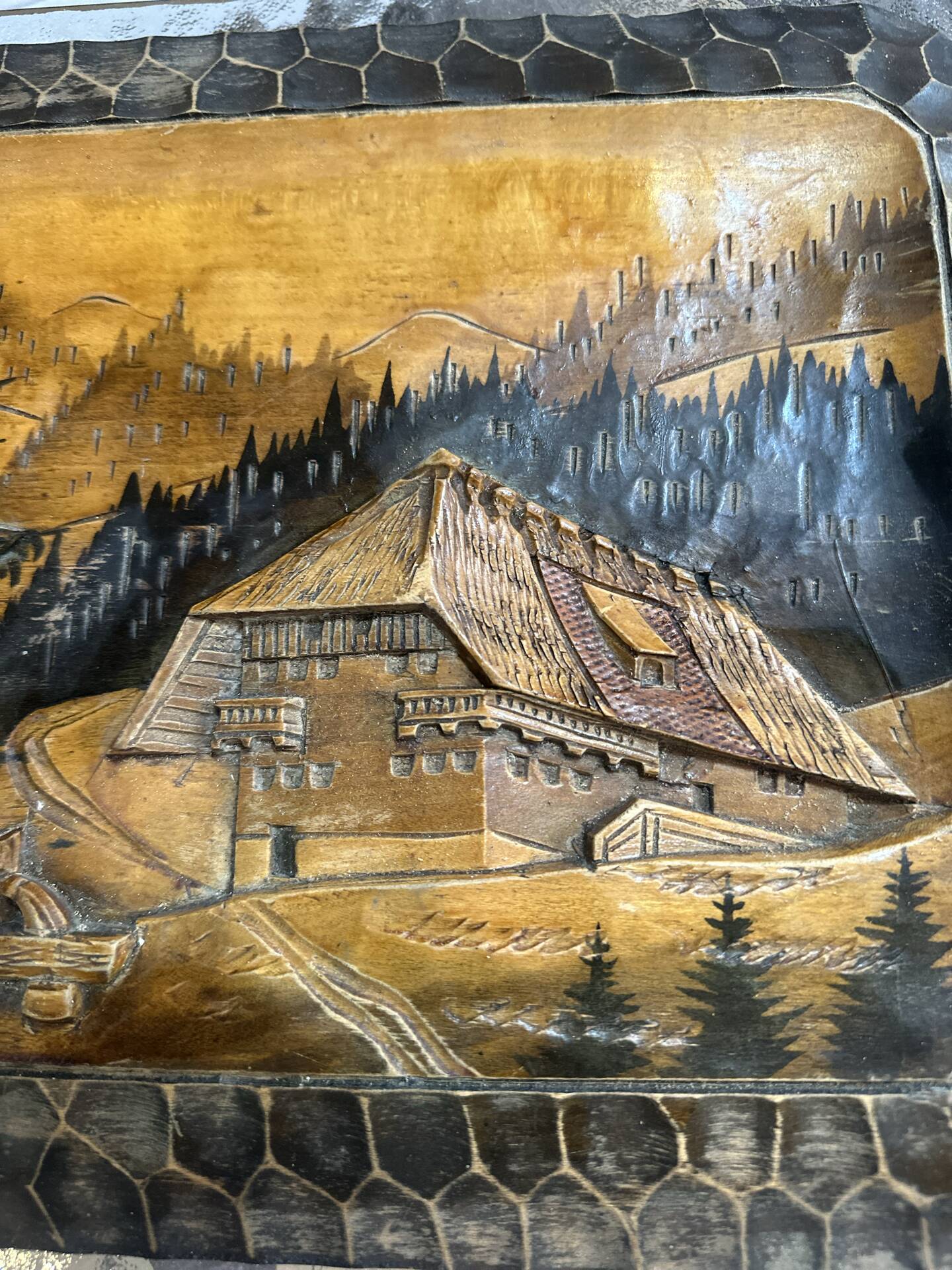 Carved wooden wall panel Black Forest Chalet mountain Switzerland Germany