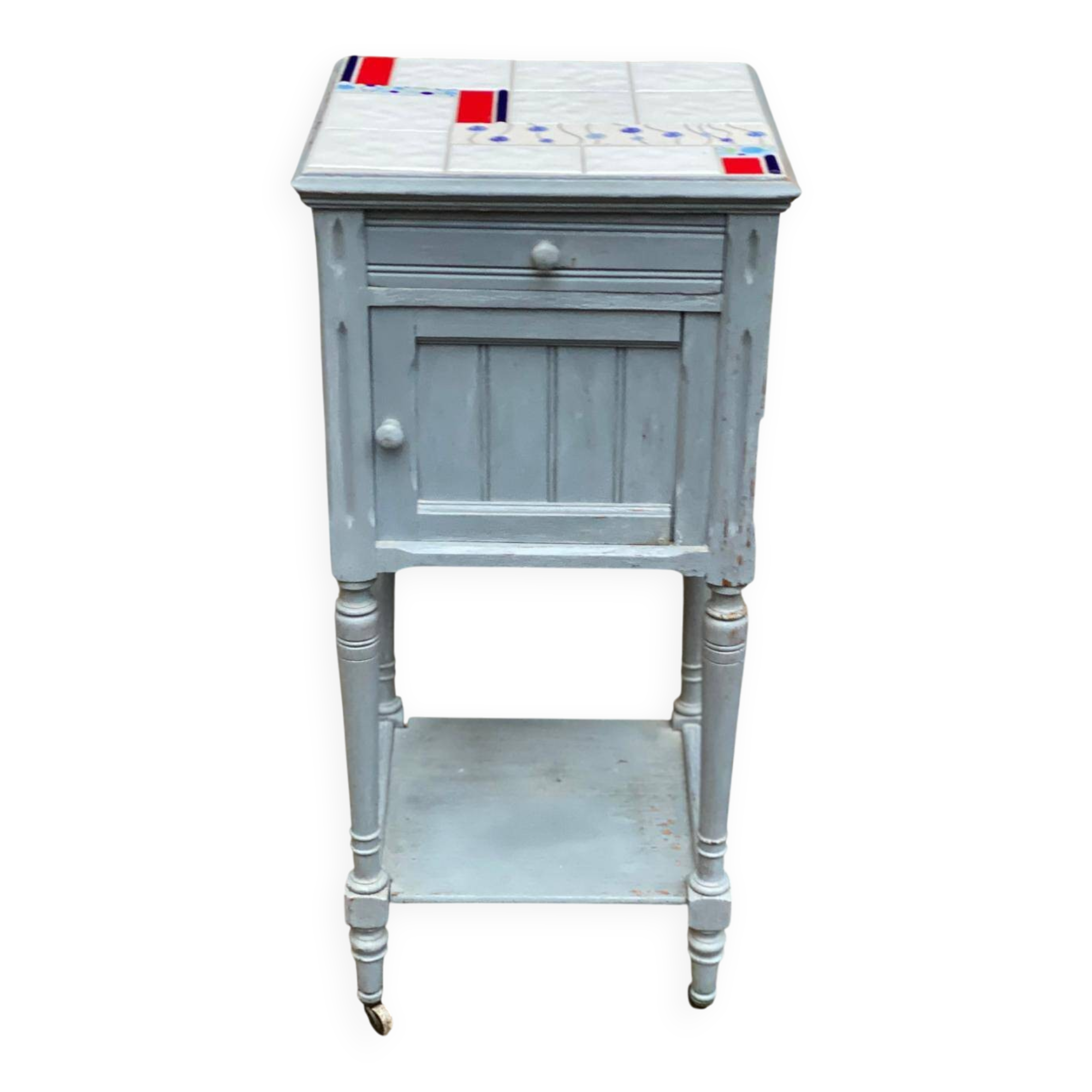 Henri II bedside table in solid grey wood and marble