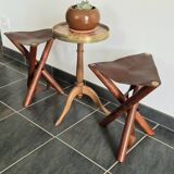 Set of teak and leather tripod stools