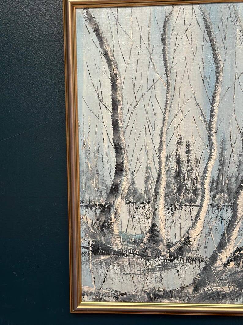 Mid Century Scandinavian Oil Painting – Trees By Gunnar Lundén Vintage & Framed 42 × 57 Cm