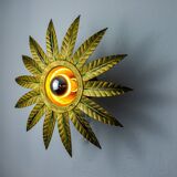 Brutalist sun wall lamp in gilded metal with gold leaf, Italy, 1970