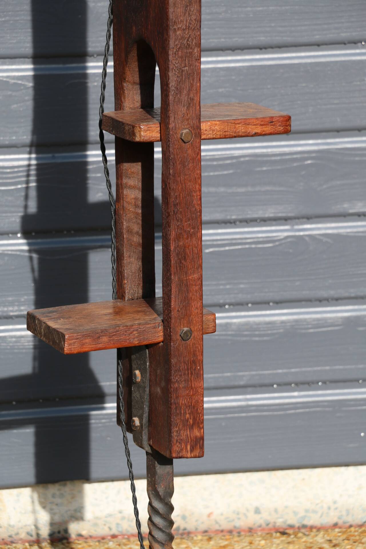 Brutalist wrought iron wood floor lamp