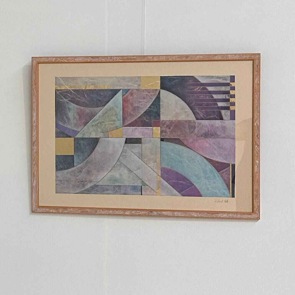 Pair of large Richard Hall geometric abstract mixed media lithographs with gold