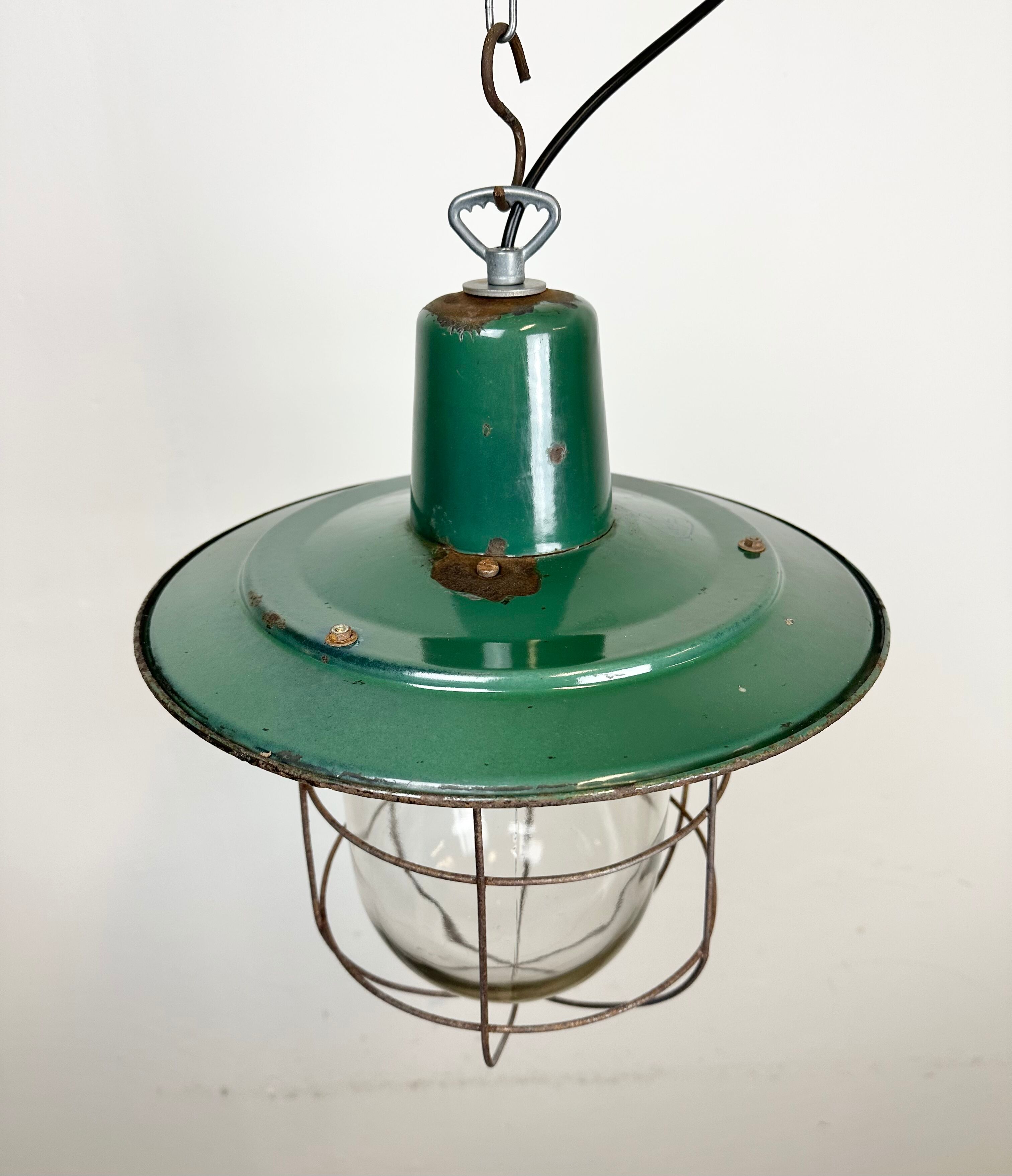 Industrial green enamel cage pendant light, 1960s