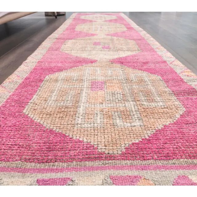 Vintage pink geometric Turkish hand-knotted runner 92x356