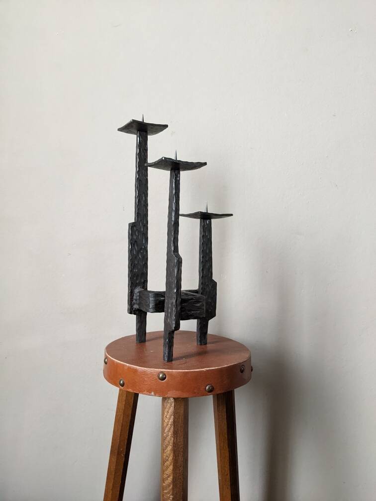brutalist design candle holder wrought iron handcrafted ironwork art