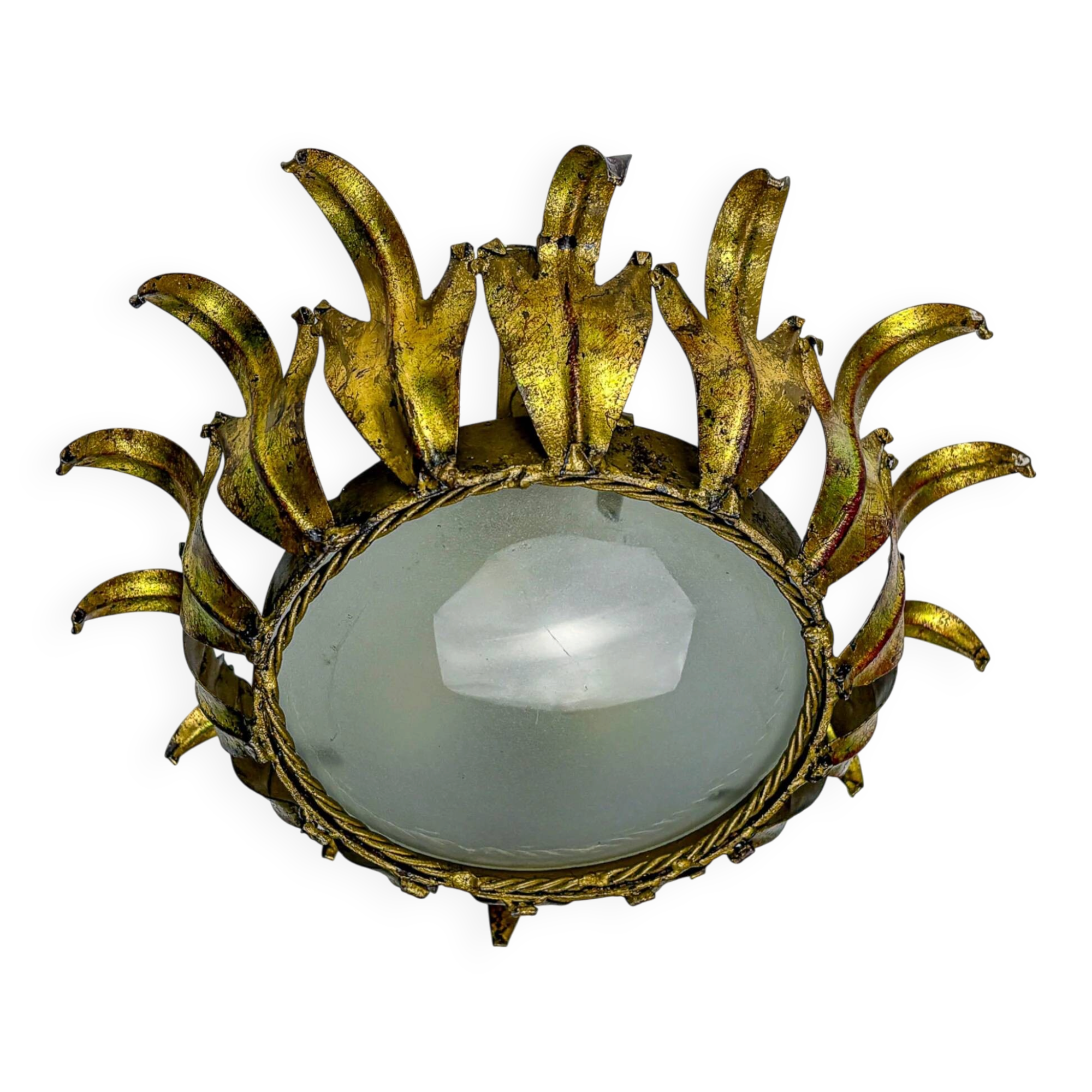 Spanish crown sunburst fixture in gilt metal and frosted glass, 1950s