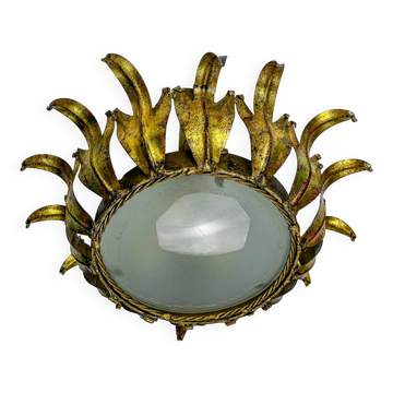 Spanish crown sunburst fixture in gilt metal and frosted glass, 1950s