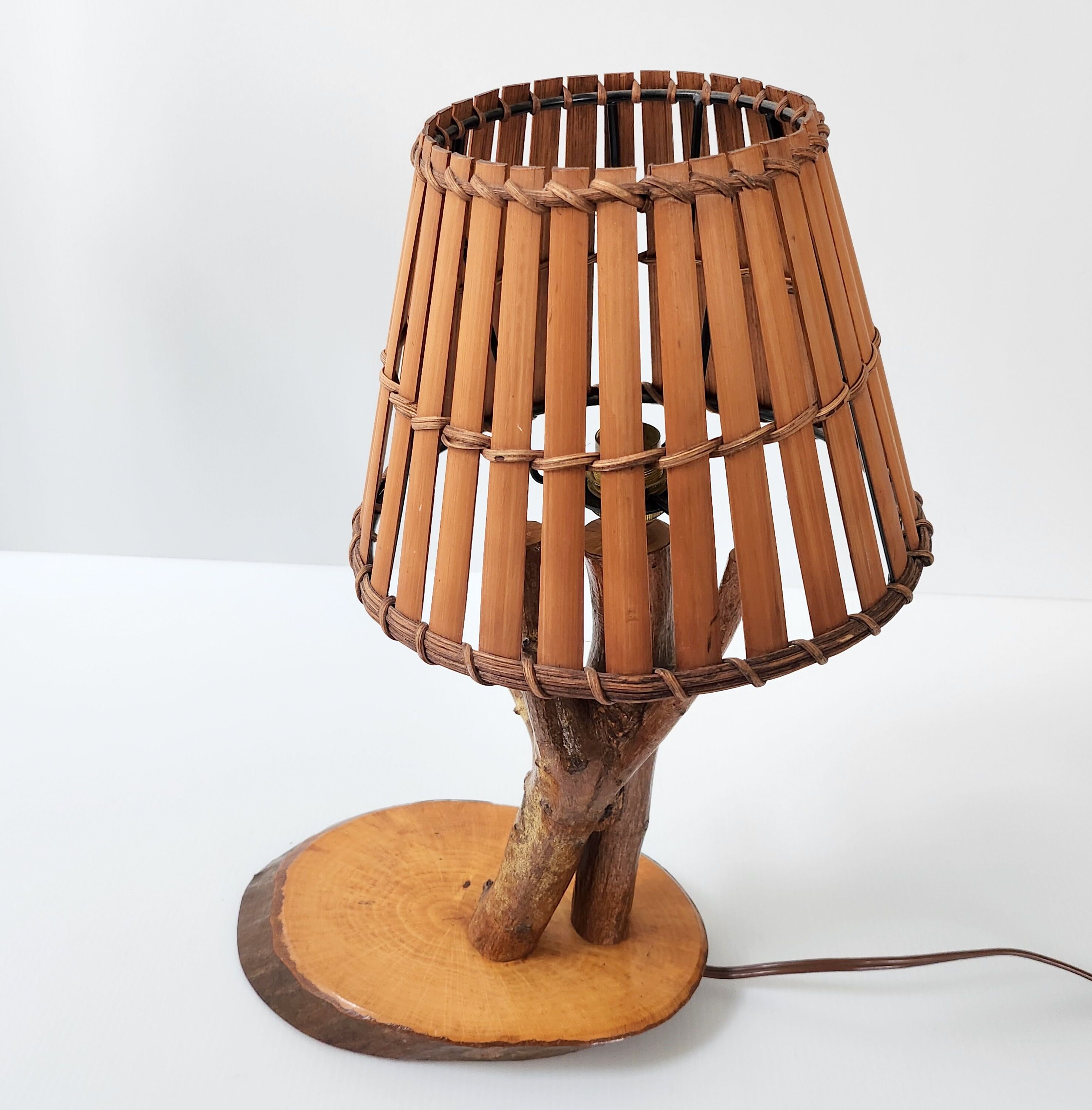 Vintage lamp wood & rattan 1950