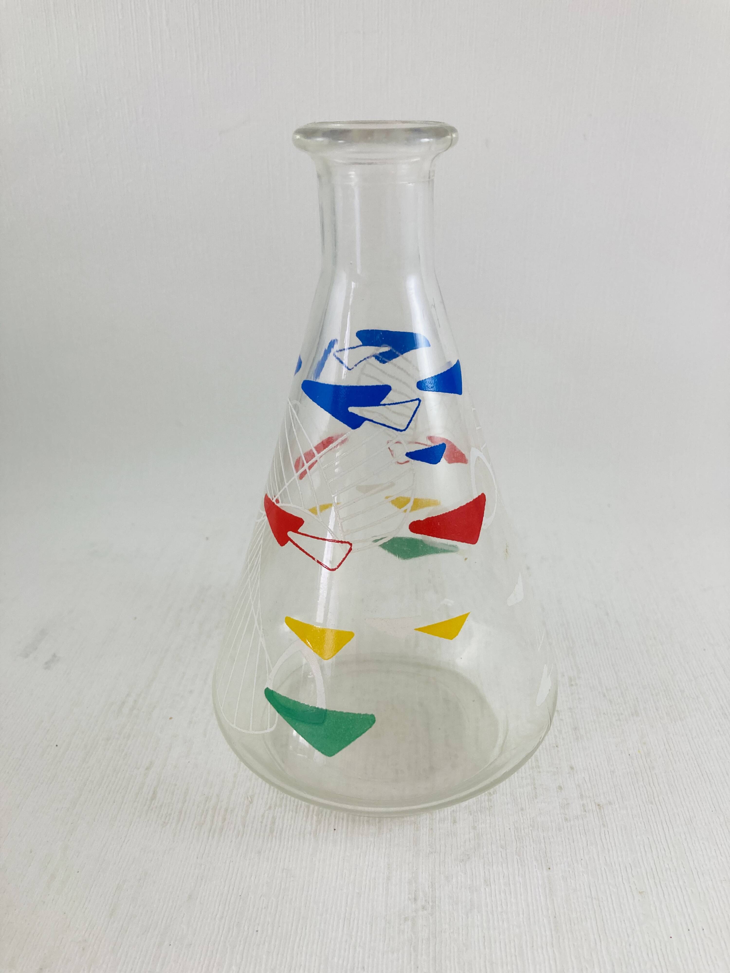 Vintage glass carafe 1960 Atomic boomerang decor blue red yellow