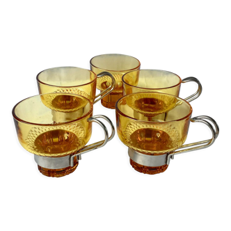 5 tasses en verre ambrées lubiana italiennes design 60'