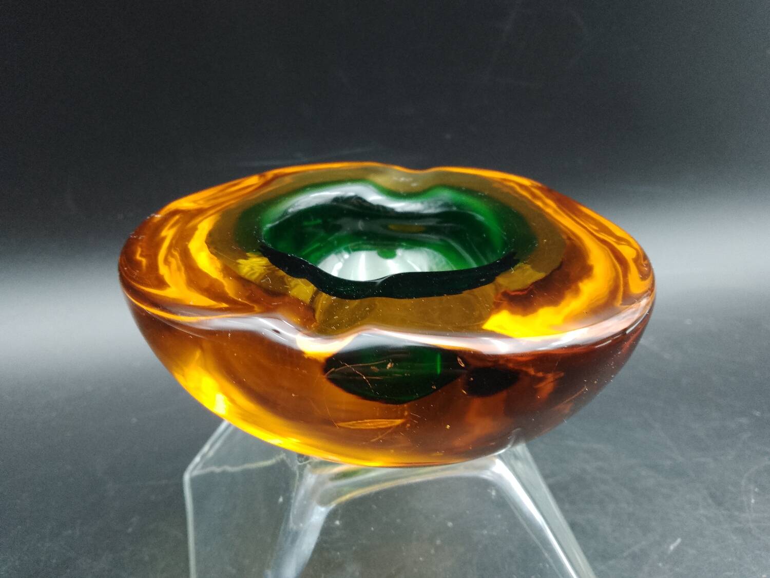 Rare Murano glass "Multi-Color" ashtray with Seguso shell elements