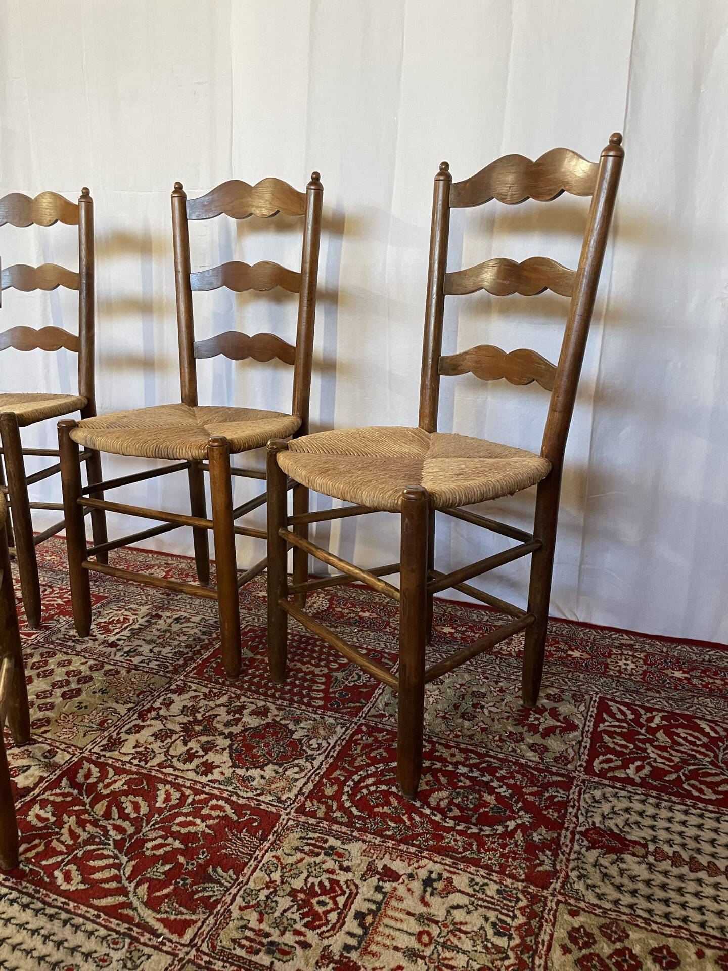 Set of 4 vintage wooden and straw chairs
