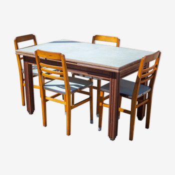 Table bois ancienne avec 4 chaises, bois et formica, pieds gradin avec rallonges, 50's