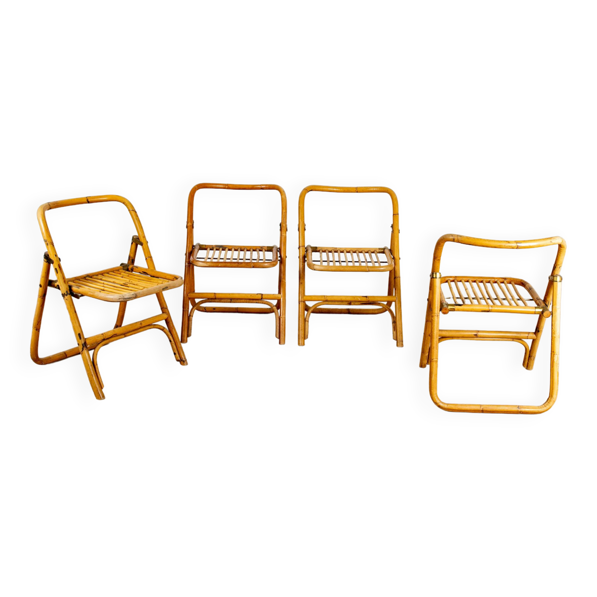 4 folding chairs in bamboo, rattan and brass, Italy, 1970