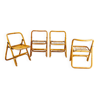 4 chaises pliante en bambou, rotin et laiton, Italie, 1970