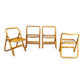 4 folding chairs in bamboo, rattan and brass, Italy, 1970