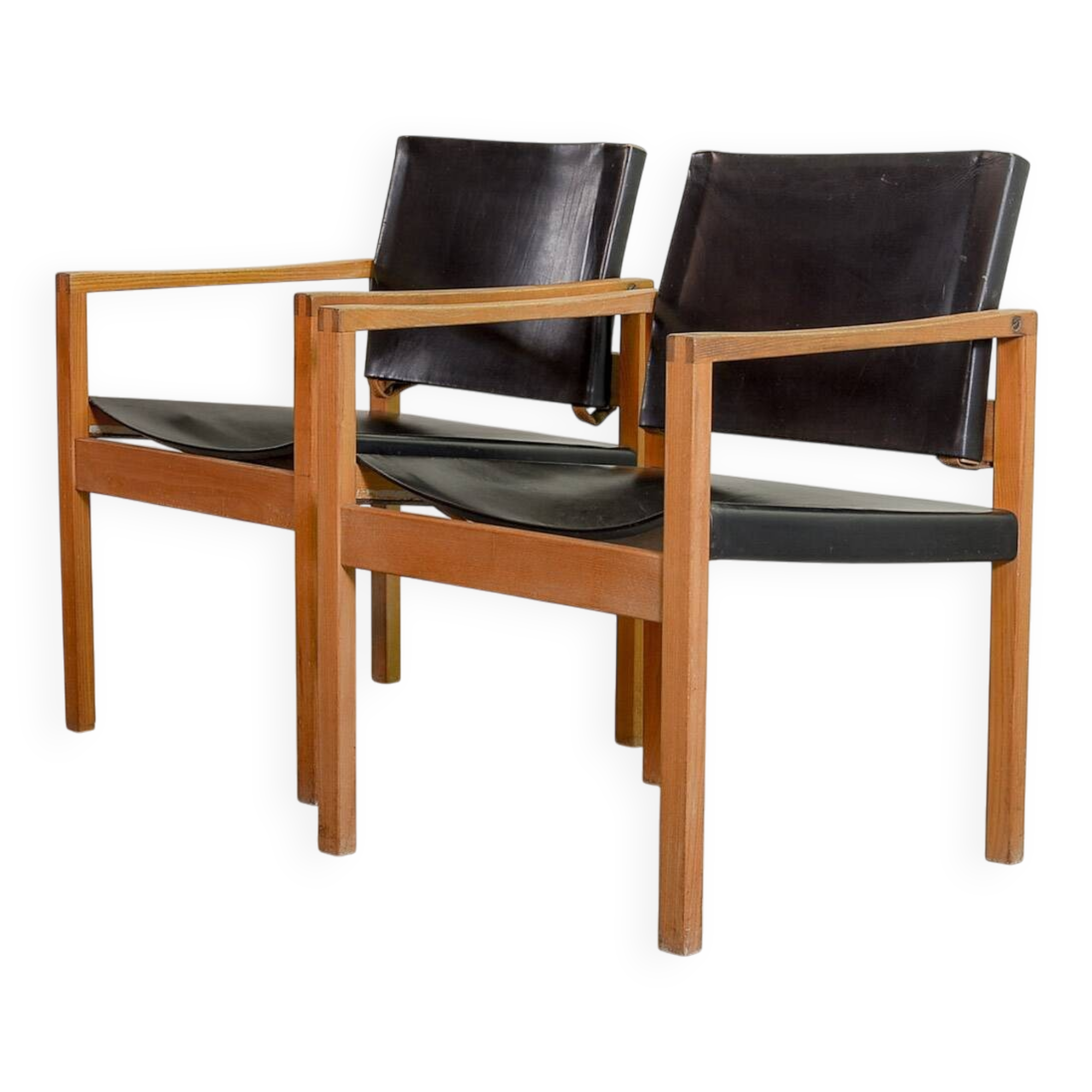 Brutalist Nordic Scandinavian Solid Oakwood and Black Leather Armchairs 60s