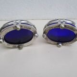 Silver metal and cobalt glass salt pots - EP St & co