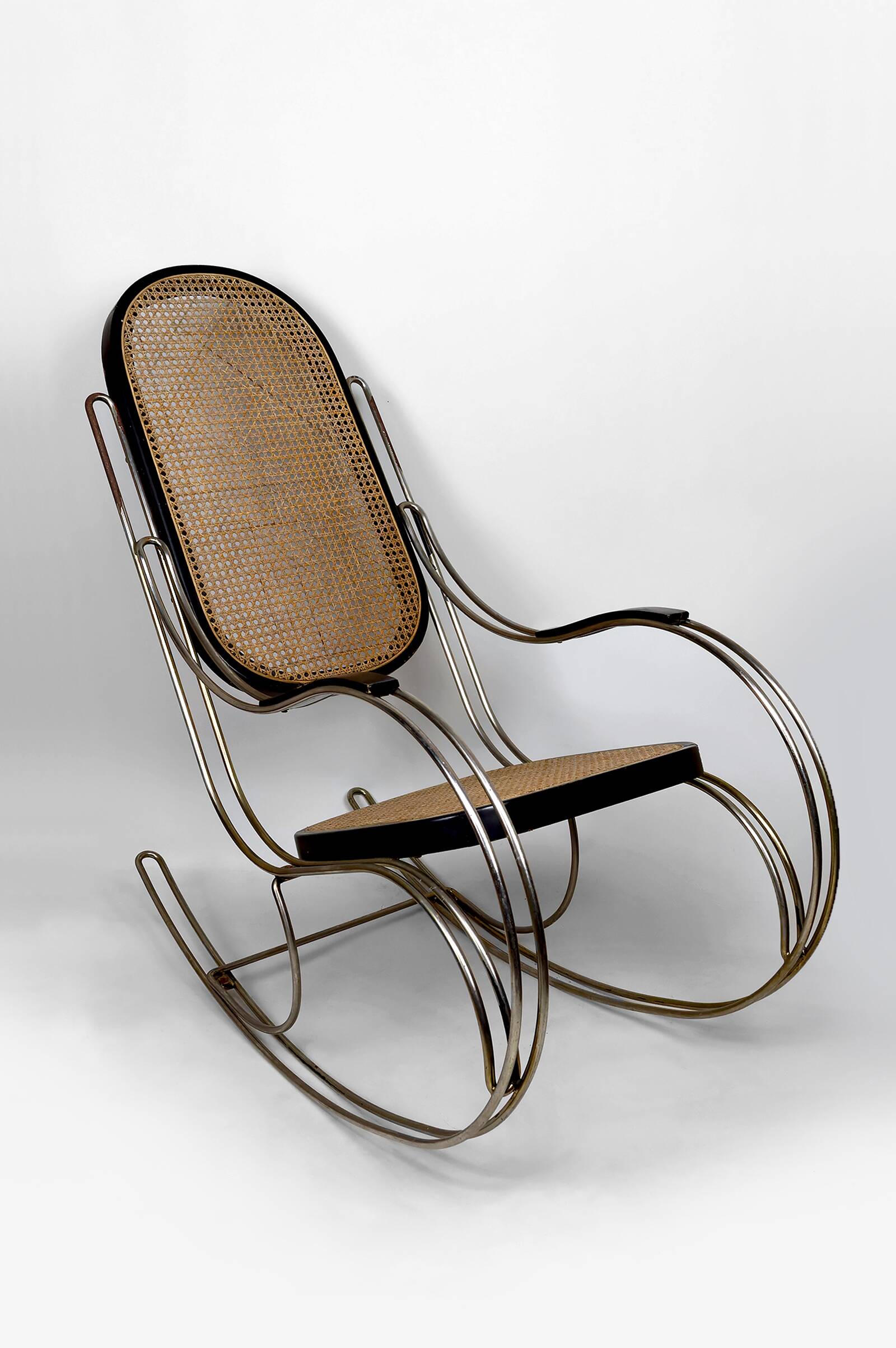 Modernist Rocking Chair in Blackened Wood, Canework and Chrome Frame, 1960-70