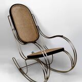 Modernist Rocking Chair in Blackened Wood, Canework and Chrome Frame, 1960-70