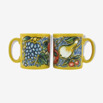 2 mugs en céramique jaune décor fruits, Tams Staffordshire, Made in England 1980