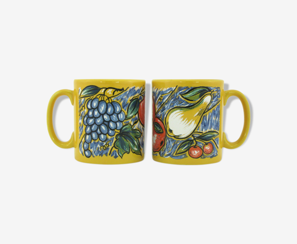 2 mugs en céramique jaune décor fruits, Tams Staffordshire, Made in England 1980