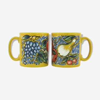 2 yellow ceramic mugs decorative fruit, Tams Staffordshire, Made in England  1980