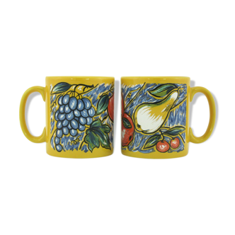 2 mugs en céramique jaune décor fruits, Tams Staffordshire, Made in England 1980