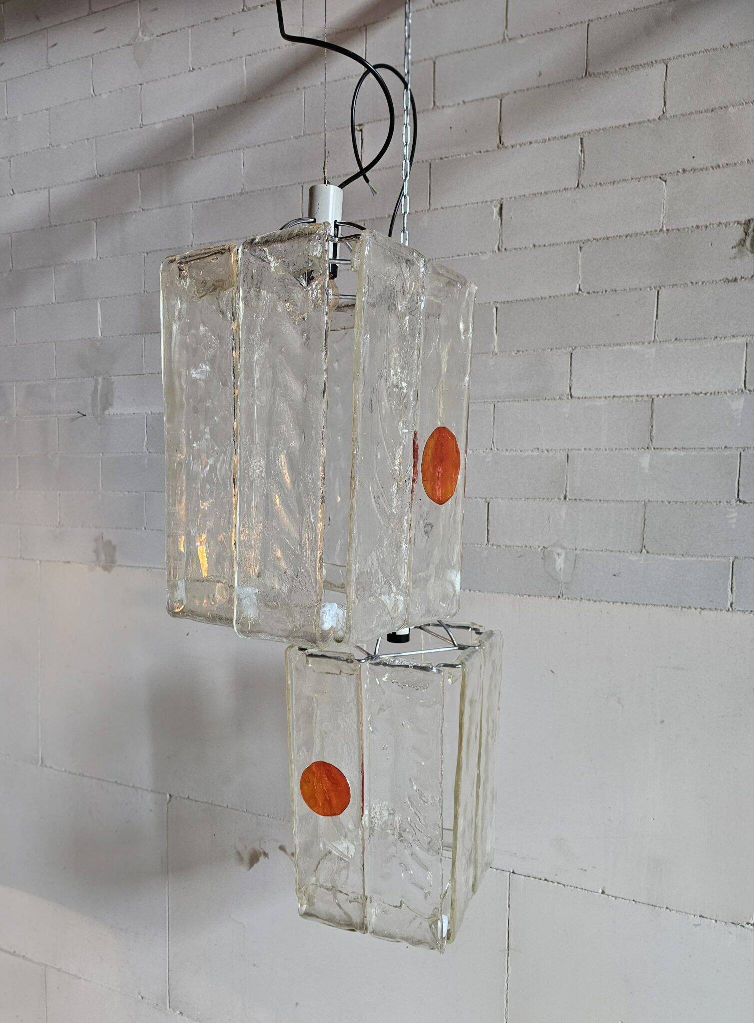 Set of 2 Aureliano Toso Murano glass ceiling lamps, ice glass, 1970s