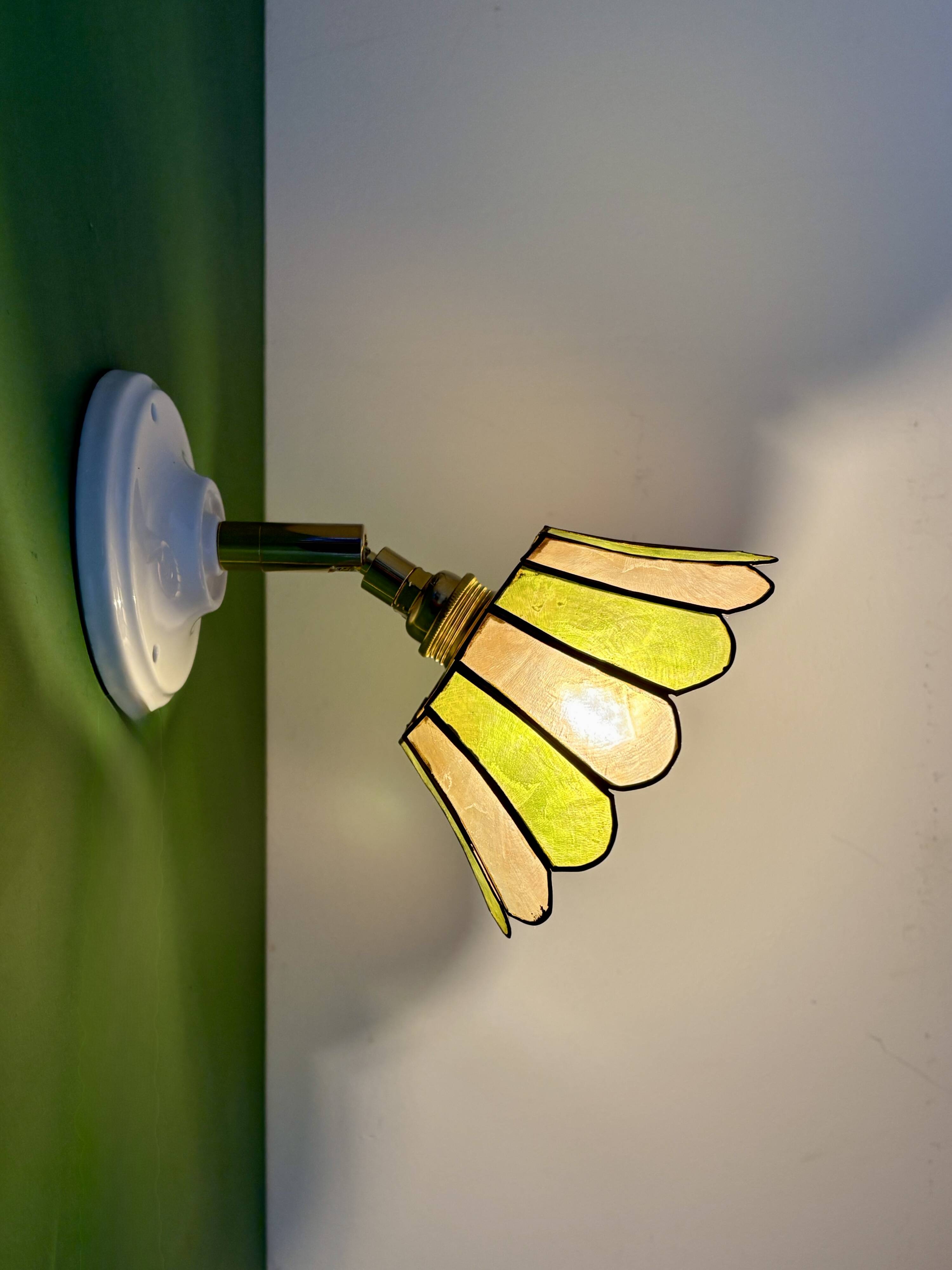 Vintage wall lamp with a green and pink mother-of-pearl lampshade