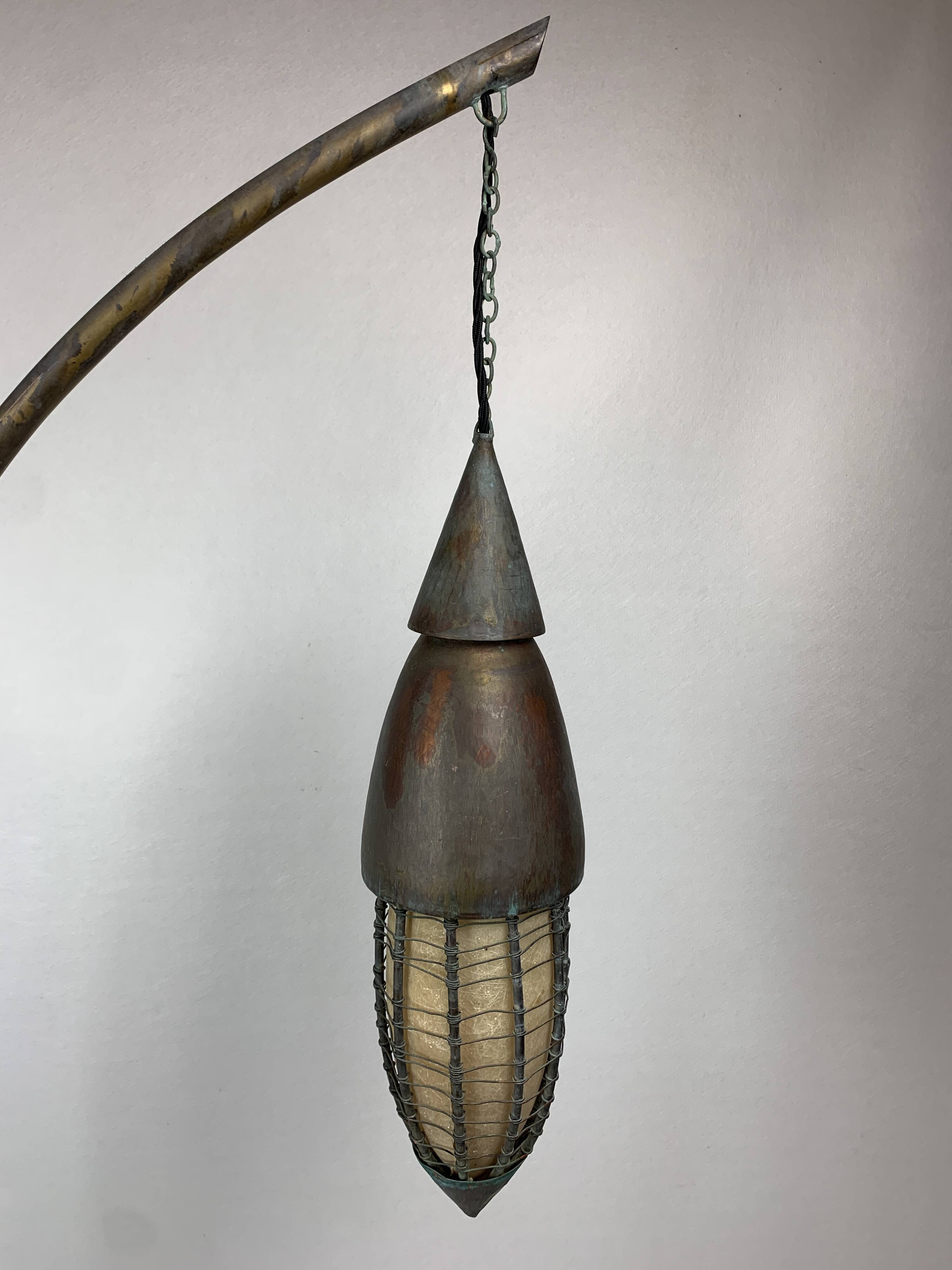 Patinated rustic copper and steel floor lamp with lantern, Indonesia 1980s