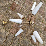 Suspension sputnik, 8 lights, brass, tulips opaque glass, vintage, 50s