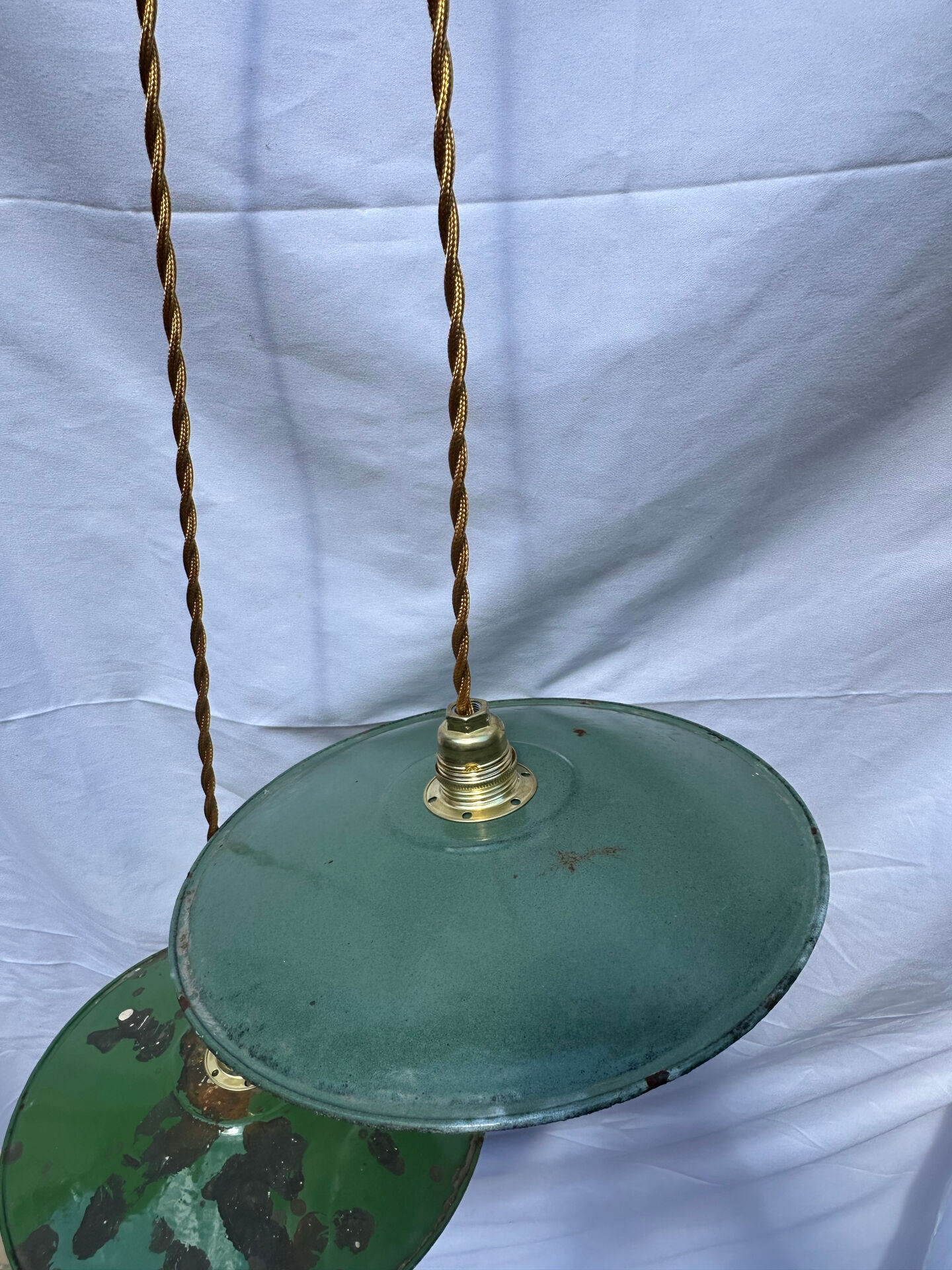 Old suspension pair in green and white enamelled sheet metal.